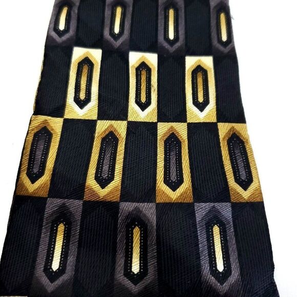 Croft & Barrow Black Gold Silver Geometric Abstract Print Silk Tie - Picture 2 of 7